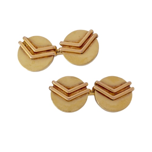 Pair of gold round panel cufflinks by Cartier, with applied chevron detail,